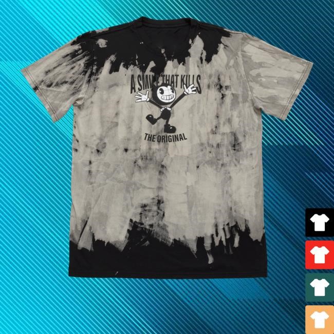 Official Bendy Merch Shop Store Bendy Smile Kills Bleach Dye Tee Shirt - Tee Shop Pro